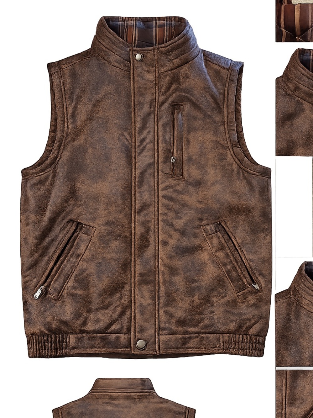 R-Options Brown Distressed Faux Leather Utility Vest Plaid Lined Size M Cotton